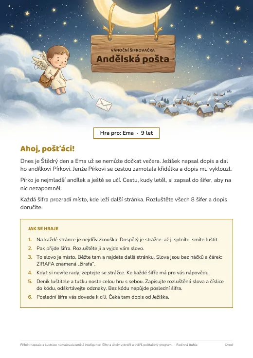 Titulní strana hry Andělská pošta