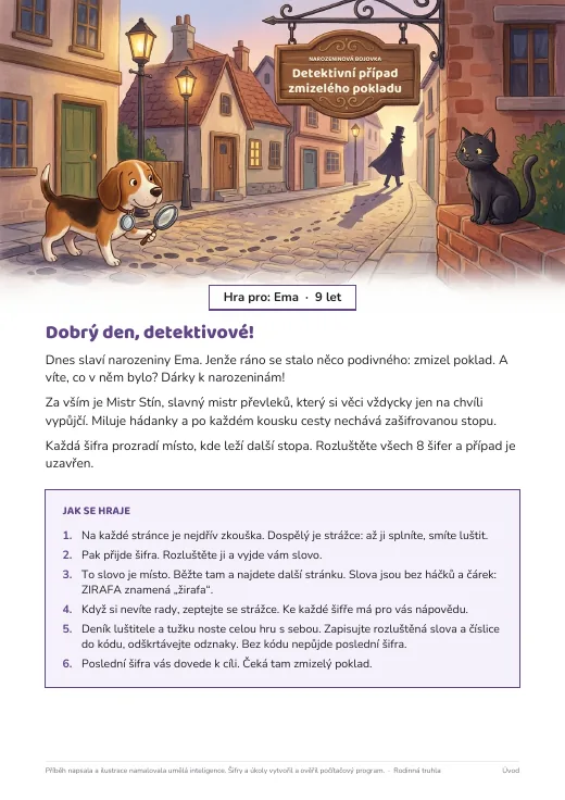 Titulní strana hry Detektivní případ zmizelého pokladu