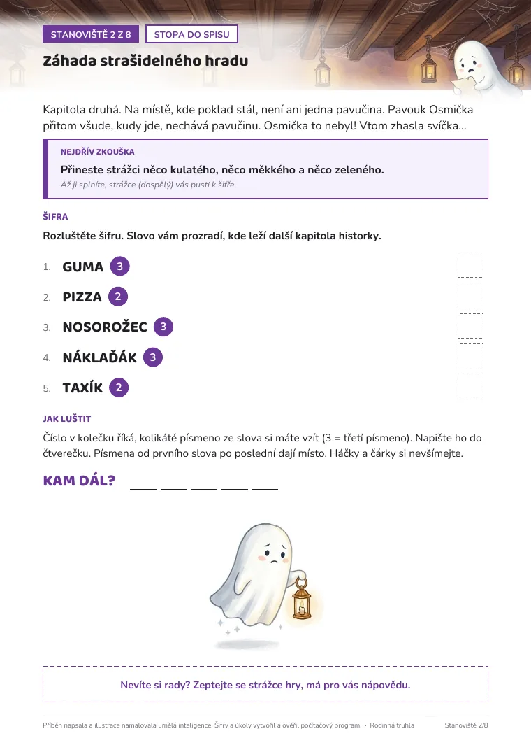 Stanoviště halloweenské hry: kapitola historky, zkouška a šifra