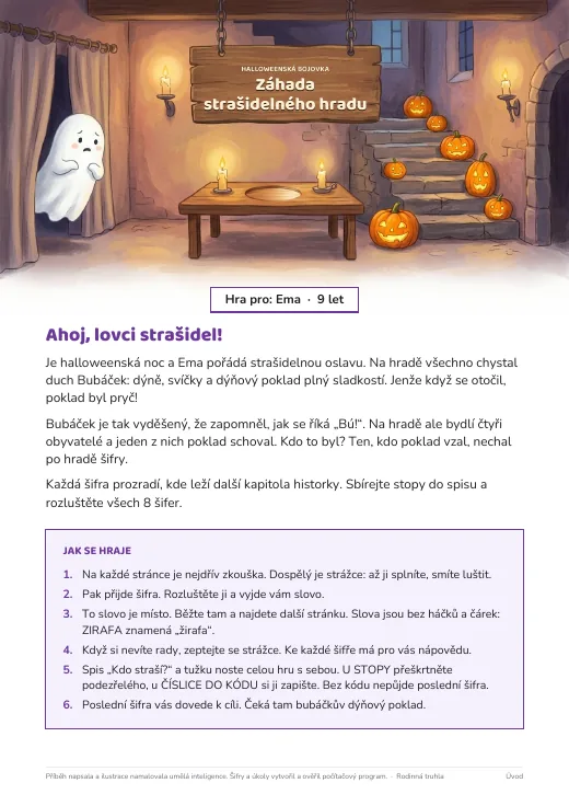 Titulní strana halloweenské hry se jménem Ema